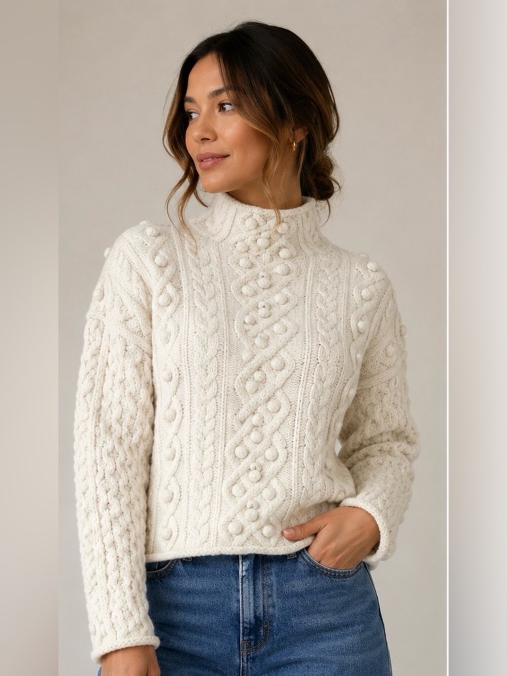 Theory Cashmere wool knit mock neck sweater ivory popcorn size medium